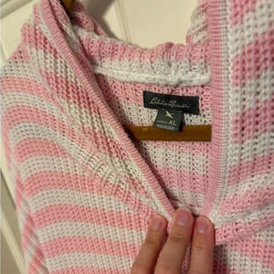 NWOT Eddie Bauer cotton blend knit hoodie, pink & white stripes SZ XL